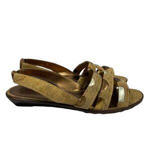 Franco Sarto Womens Sling Back Sandals Size 9B Tan‎ Cork Metallic Boho Casual